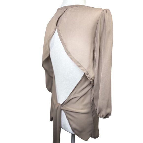 Poetry Size M Sheer Beige Open Back Blouse With Tie Waist & 3/4 Sleeves Womens - Picture 4 of 10